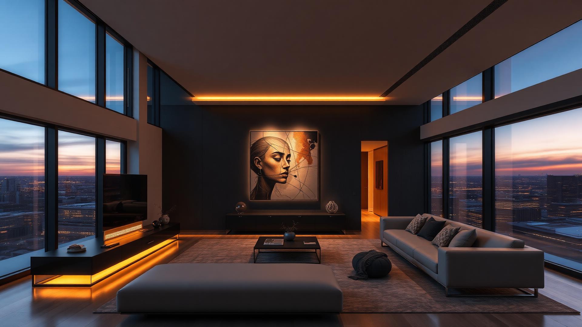 Elegant contemporary living room integrated with Vihaar Systems technology