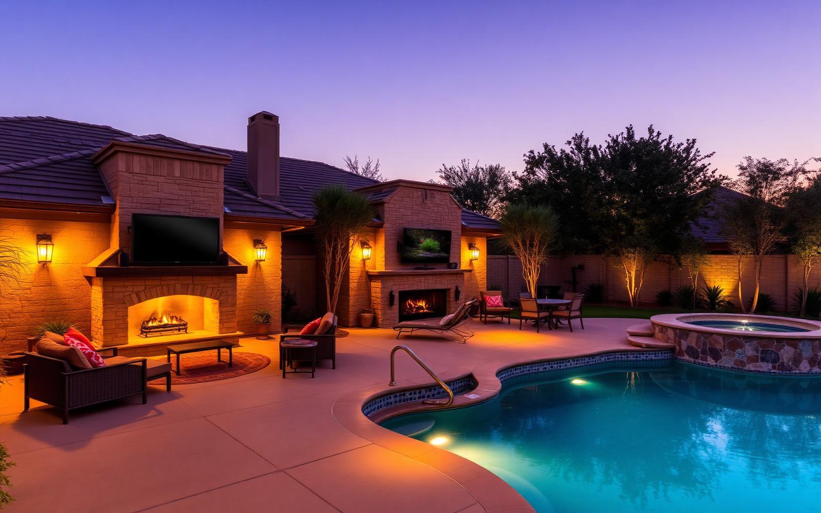 Outdoor patio with TV, speakers and landscape lighting